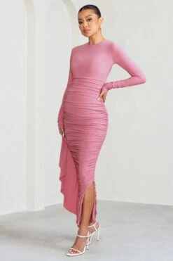 Kiara | Blush Long Sleeve Ruched Maternity Midi Dress With Frill Detail -ENY Clothing Shop WB CL129203 KiaraBlushPinkLongSleeveRuchedMaternityMidiDresswithFrillDetail0