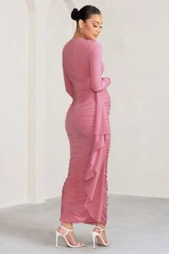 Kiara | Blush Long Sleeve Ruched Maternity Midi Dress With Frill Detail -ENY Clothing Shop WB CL129203 KiaraBlushPinkLongSleeveRuchedMaternityMidiDresswithFrillDetail10