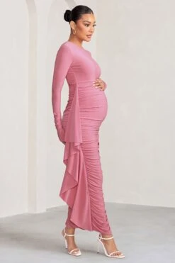 Kiara | Blush Long Sleeve Ruched Maternity Midi Dress With Frill Detail -ENY Clothing Shop WB CL129203 KiaraBlushPinkLongSleeveRuchedMaternityMidiDresswithFrillDetail7