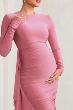 Kiara | Blush Long Sleeve Ruched Maternity Midi Dress With Frill Detail -ENY Clothing Shop WB CL129203 KiaraBlushPinkLongSleeveRuchedMaternityMidiDresswithFrillDetail8