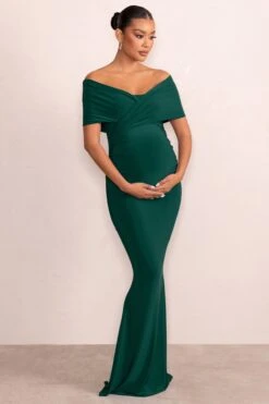 Amal | Bottle Green Bardot Wrap Neckline Maternity Maxi Dress -ENY Clothing Shop WB CL129204 AmalBottleGreenBardotBowMaternityMaxiDress0
