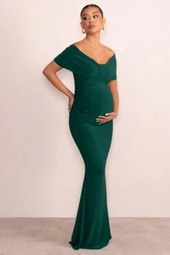 Amal | Bottle Green Bardot Wrap Neckline Maternity Maxi Dress -ENY Clothing Shop WB CL129204 AmalBottleGreenBardotBowMaternityMaxiDress1