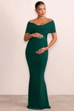 Amal | Bottle Green Bardot Wrap Neckline Maternity Maxi Dress