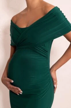 Amal | Bottle Green Bardot Wrap Neckline Maternity Maxi Dress -ENY Clothing Shop WB CL129204 AmalBottleGreenBardotBowMaternityMaxiDress3