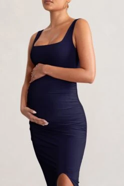 Avril | Navy Square Neck Maternity Maxi Dress With Split -ENY Clothing Shop WB CL129206 AvrilBlushNavySquareNeckMaternityMaxiDresswithSplit6