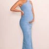 Senara | Powder Blue Asymmetric One Shoulder Ruched Maternity Maxi Dress