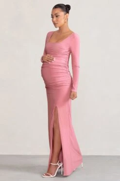My Pleasure | Blush Long Sleeve Square Neck Maternity Maxi Dress With Split -ENY Clothing Shop WB CL129212 MyPleasureBlushPinkLongSleeveSquareNeckMaternityMaxiDresswithSplit2