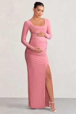 My Pleasure | Blush Long Sleeve Square Neck Maternity Maxi Dress With Split -ENY Clothing Shop WB CL129212 MyPleasureBlushPinkLongSleeveSquareNeckMaternityMaxiDresswithSplit3