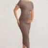 Roxanne | Mocha Ruched Bardot Maternity Midi Dress -ENY Clothing Shop WB CL129216 RoxanneMochaRuchedBardotMaternityMidiDress0