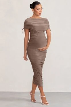 Roxanne | Mocha Ruched Bardot Maternity Midi Dress -ENY Clothing Shop WB CL129216 RoxanneMochaRuchedBardotMaternityMidiDress1