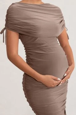 Roxanne | Mocha Ruched Bardot Maternity Midi Dress -ENY Clothing Shop WB CL129216 RoxanneMochaRuchedBardotMaternityMidiDress5