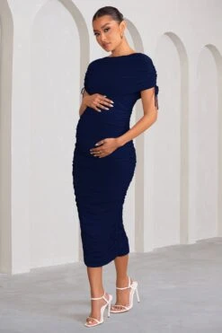 Roxanne | Navy Ruched Bardot Maternity Midi Dress -ENY Clothing Shop WB CL129216 RoxanneNavyRuchedBardotMaternityMidiDress3 f74668fb 5e1b 4c57 90cb 3f6285b7313b