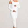Neile | White Asymmetric Bardot Maternity Midi Dress With Sleeves
