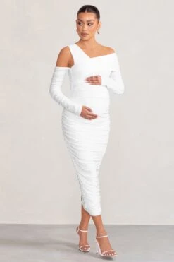 Neile | White Asymmetric Bardot Maternity Midi Dress With Sleeves