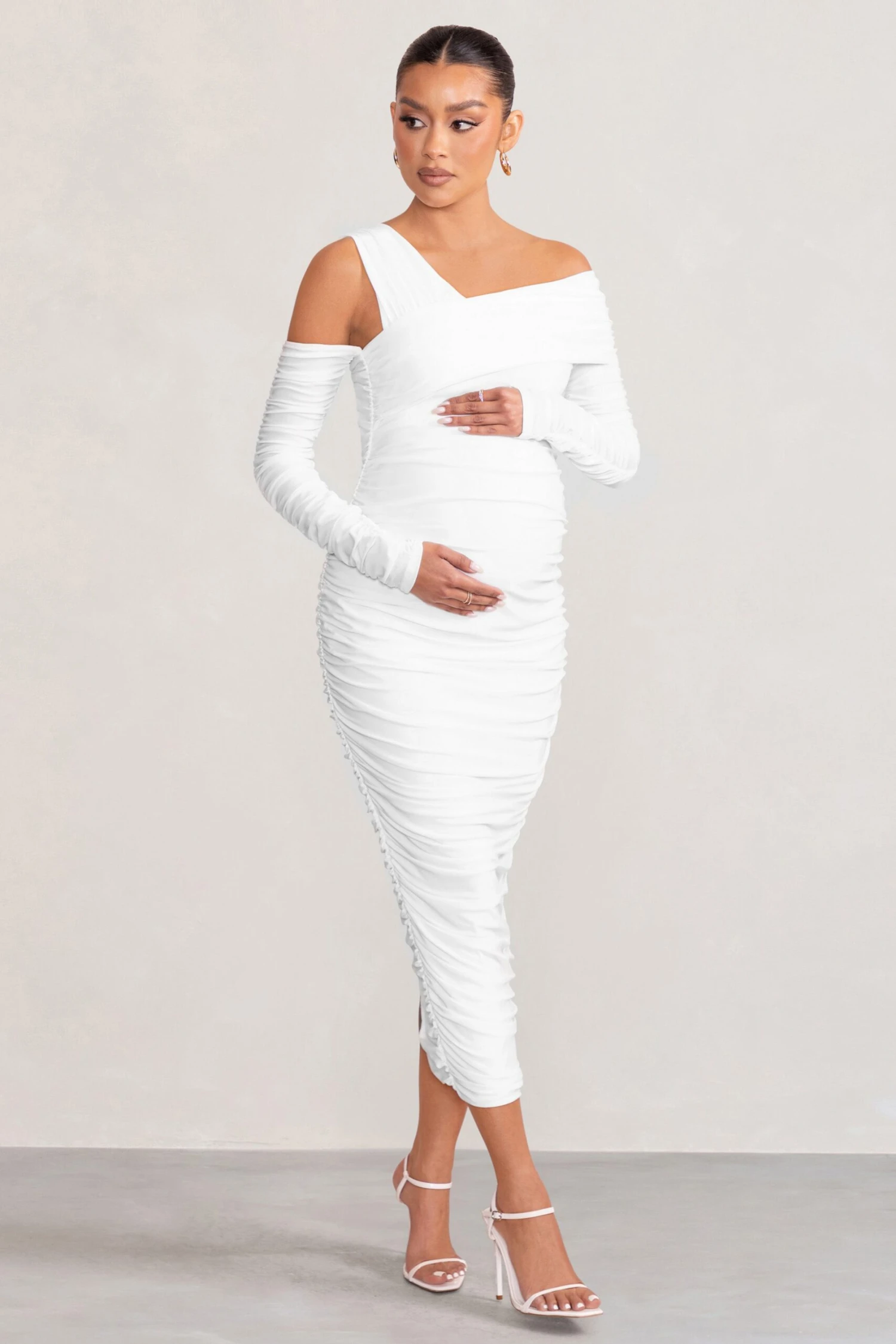 Neile | White Asymmetric Bardot Maternity Midi Dress With Sleeves 3 Neile | White Asymmetric Bardot Maternity Midi Dress With Sleeves