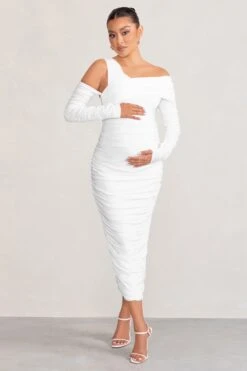 Neile | White Asymmetric Bardot Maternity Midi Dress With Sleeves 10 Neile | White Asymmetric Bardot Maternity Midi Dress With Sleeves -ENY Clothing Shop WB CL129221 NeileWhiteAsymmetricBardotMaternityMidiDresswithSleeves1 34767840 f83c 49ad bd3e 0f6752d20531