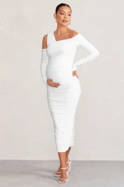 Neile | White Asymmetric Bardot Maternity Midi Dress With Sleeves 11 Neile | White Asymmetric Bardot Maternity Midi Dress With Sleeves -ENY Clothing Shop WB CL129221 NeileWhiteAsymmetricBardotMaternityMidiDresswithSleeves2 54f130be f225 41a8 b5e1 eb62c534e52b