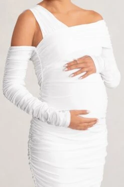 Neile | White Asymmetric Bardot Maternity Midi Dress With Sleeves 9 Neile | White Asymmetric Bardot Maternity Midi Dress With Sleeves -ENY Clothing Shop WB CL129221 NeileWhiteAsymmetricBardotMaternityMidiDresswithSleeves3 7da9d295 f85b 40c3 b76b 609d4982855e