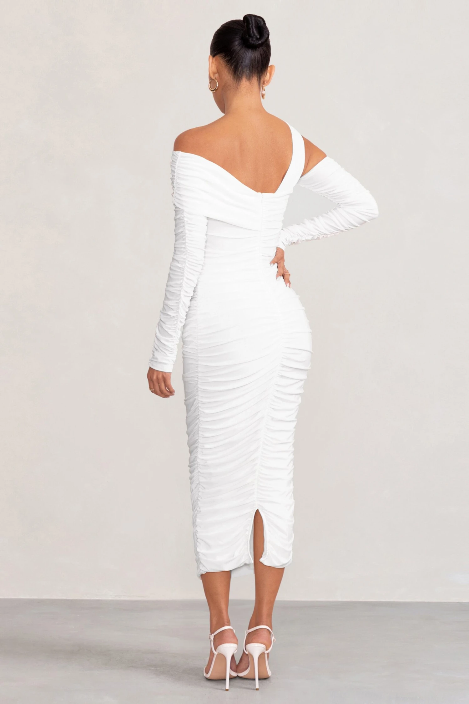 Neile | White Asymmetric Bardot Maternity Midi Dress With Sleeves 4 Neile | White Asymmetric Bardot Maternity Midi Dress With Sleeves - Image 2