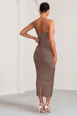 Sentimental | Mocha Maternity Midi Dress With Cami Straps And Ruching -ENY Clothing Shop WB CL129222 SentimentalMochaMaternityMidiDresswithCamiStrapsandRuching6jpg