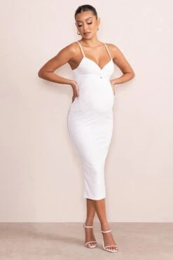 Nelly | White Maternity Cami Midi Dress With Twist Plunge -ENY Clothing Shop WB CL129224 NellyWhiteMaternityCamiMidiDresswithTwistPlunge2