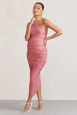Late Night | Blush Pink Maternity Ruched One Shoulder Midi Dress -ENY Clothing Shop WB CL129227 LateNightBlushMaternityRuchedOneShoulderMidiDress3