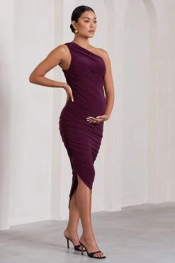 Late Night | Plum Maternity Ruched One Shoulder Midi Dress -ENY Clothing Shop WB CL129227101 LateNightPlumMaternityRuchedOneShoulderMidiDress3
