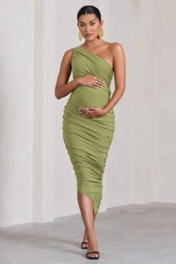 Late Night | Olive Maternity Ruched One Shoulder Midi Dress