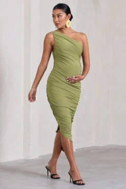 Late Night | Olive Maternity Ruched One Shoulder Midi Dress -ENY Clothing Shop WB CL129227113 LateNightOliveMaternityRuchedOneShoulderMidiDress1