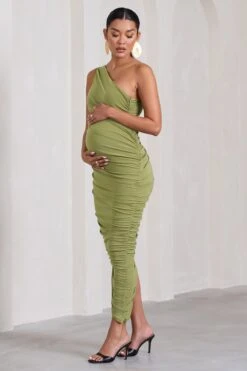 Late Night | Olive Maternity Ruched One Shoulder Midi Dress -ENY Clothing Shop WB CL129227113 LateNightOliveMaternityRuchedOneShoulderMidiDress2