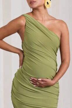 Late Night | Olive Maternity Ruched One Shoulder Midi Dress -ENY Clothing Shop WB CL129227113 LateNightOliveMaternityRuchedOneShoulderMidiDress3