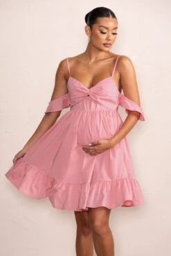 Kai | Blush Cami Babydoll Maternity Mini Dress With Ruffle Cold Shoulder Sleeves -ENY Clothing Shop WB CL129228 KaiBlushCamiBabydollMaternityMiniDressWithRuffleColdShoulderSleeves0
