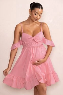 Kai | Blush Cami Babydoll Maternity Mini Dress With Ruffle Cold Shoulder Sleeves