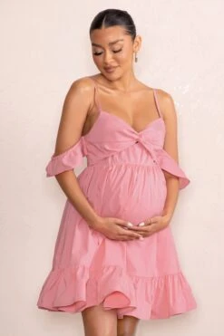 Kai | Blush Cami Babydoll Maternity Mini Dress With Ruffle Cold Shoulder Sleeves -ENY Clothing Shop WB CL129228 KaiBlushCamiBabydollMaternityMiniDressWithRuffleColdShoulderSleeves2