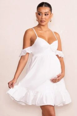 Kai | White Cami Babydoll Maternity Mini Dress With Ruffle Cold Shoulder Sleeves