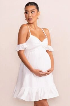 Kai | White Cami Babydoll Maternity Mini Dress With Ruffle Cold Shoulder Sleeves 9 Kai | White Cami Babydoll Maternity Mini Dress With Ruffle Cold Shoulder Sleeves -ENY Clothing Shop WB CL129228 KaiWhiteCamiBabydollMaternityMiniDressWithRuffleColdShoulderSleeves3