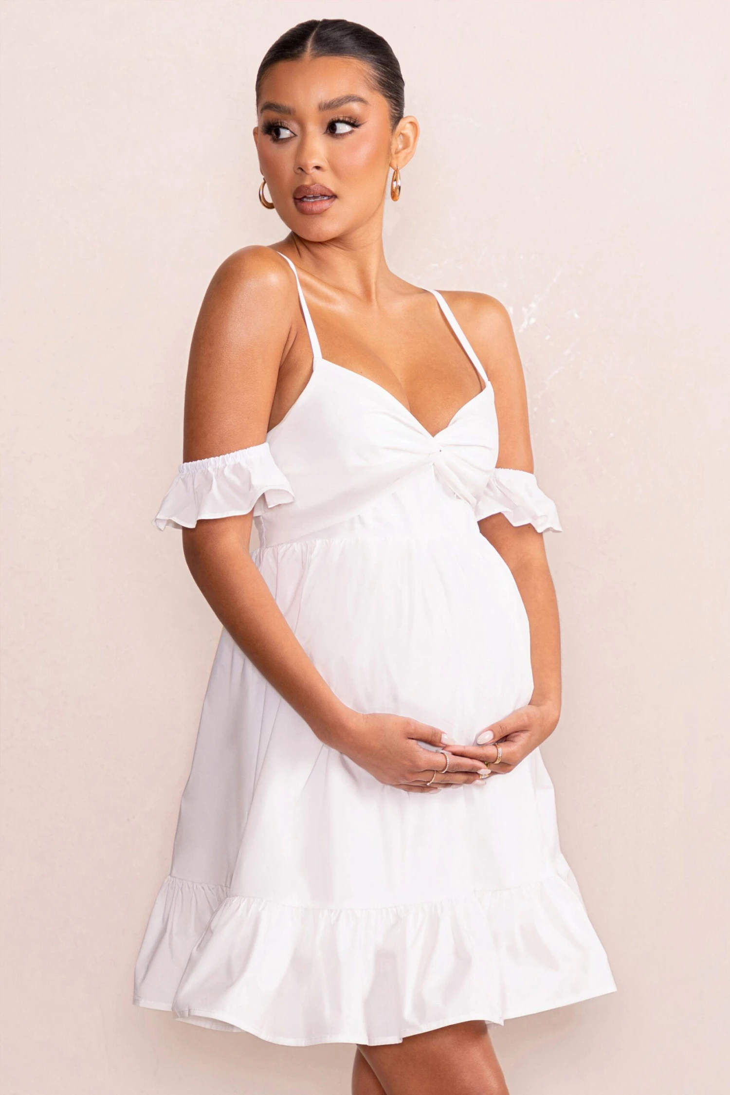 Kai | White Cami Babydoll Maternity Mini Dress With Ruffle Cold Shoulder Sleeves 6 Kai | White Cami Babydoll Maternity Mini Dress With Ruffle Cold Shoulder Sleeves - Image 4