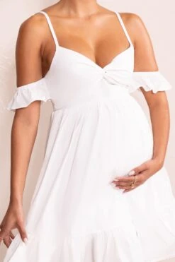 Kai | White Cami Babydoll Maternity Mini Dress With Ruffle Cold Shoulder Sleeves 8 Kai | White Cami Babydoll Maternity Mini Dress With Ruffle Cold Shoulder Sleeves -ENY Clothing Shop WB CL129228 KaiWhiteCamiBabydollMaternityMiniDressWithRuffleColdShoulderSleeves4