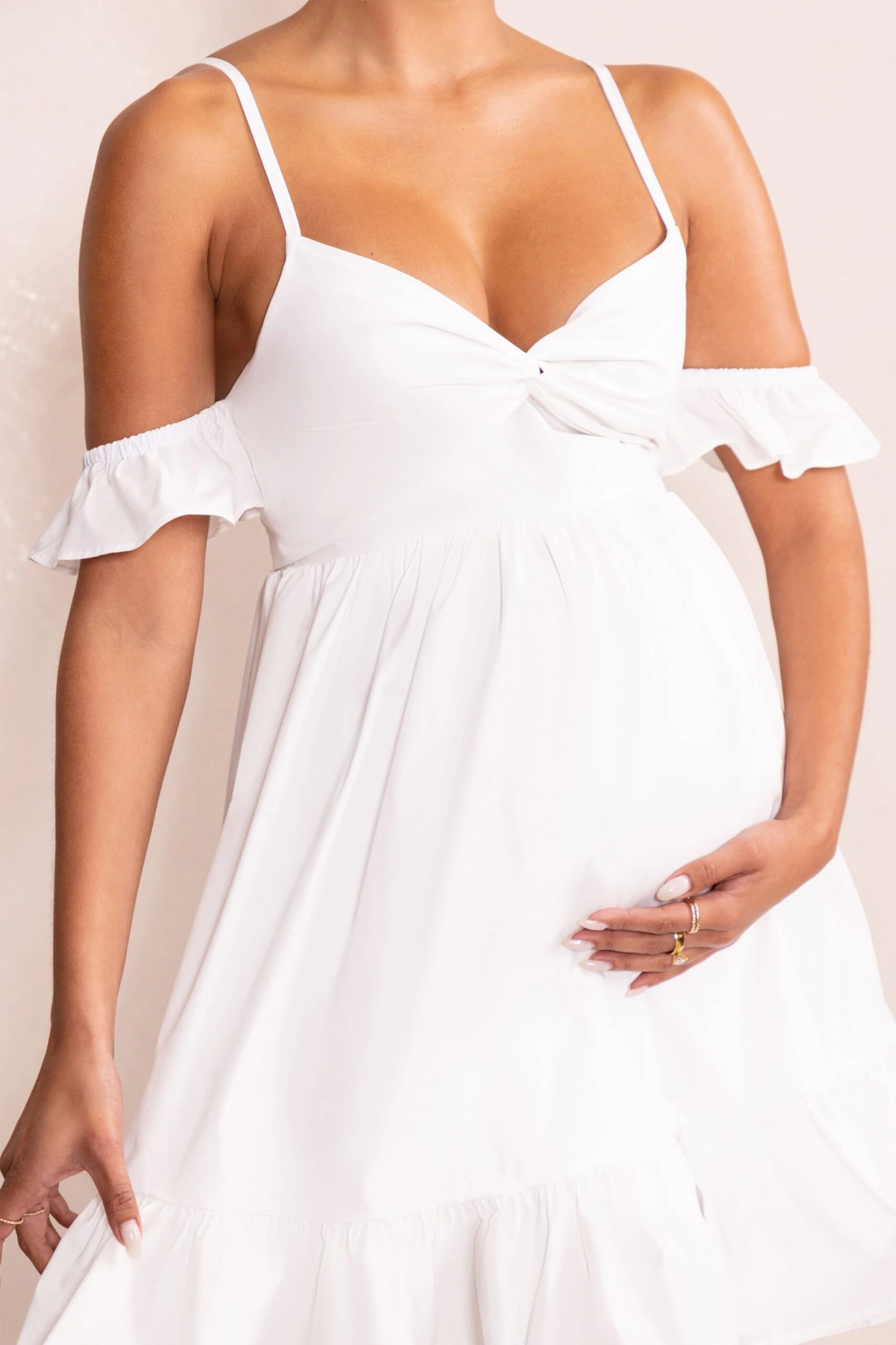 Kai | White Cami Babydoll Maternity Mini Dress With Ruffle Cold Shoulder Sleeves 5 Kai | White Cami Babydoll Maternity Mini Dress With Ruffle Cold Shoulder Sleeves - Image 3