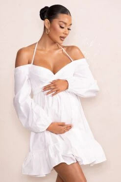 Kyra | White Babydoll Maternity Mini Dress With Long Cold Shoulder Puff Sleeves