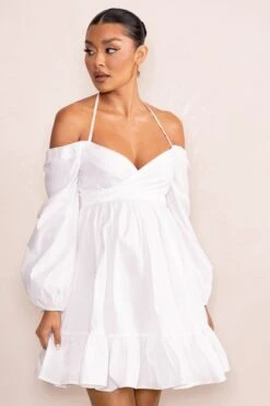 Kyra | White Babydoll Maternity Mini Dress With Long Cold Shoulder Puff Sleeves -ENY Clothing Shop WB CL129229 KyraWhiteBabydollMaternityMiniDresswithLongColdShoulderPuffSleeves2