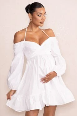 Kyra | White Babydoll Maternity Mini Dress With Long Cold Shoulder Puff Sleeves -ENY Clothing Shop WB CL129229 KyraWhiteBabydollMaternityMiniDresswithLongColdShoulderPuffSleeves3