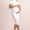 Jemima | White Maternity Midi Dress With High Neck And Draped Cold Shoulder Sleeves 2 Jemima | White Maternity Midi Dress With High Neck And Draped Cold Shoulder Sleeves -ENY Clothing Shop WB CL129230 JemimaWhiteHighNeckandDrapedBardotMaternityMidiDress2