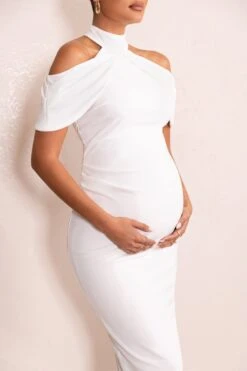 Jemima | White Maternity Midi Dress With High Neck And Draped Cold Shoulder Sleeves -ENY Clothing Shop WB CL129230 JemimaWhiteHighNeckandDrapedBardotMaternityMidiDress7