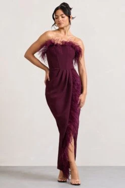 Cosmo | Burgundy Bandeau Feather Corset Split Maxi Dress -ENY Clothing Shop WB CL129242069 CosmoBurgundyBandeauFeatherCorsetSplitMaxiDress2