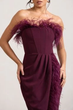 Cosmo | Burgundy Bandeau Feather Corset Split Maxi Dress -ENY Clothing Shop WB CL129242069 CosmoBurgundyBandeauFeatherCorsetSplitMaxiDress3
