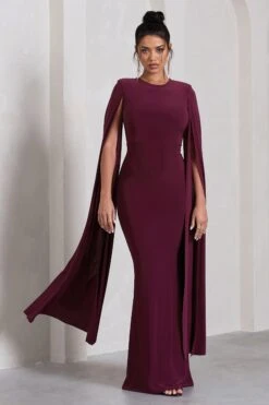 Kimmy | Burgundy High Neck Maxi Dress With Cape Sleeves -ENY Clothing Shop WB CL129258069 KimmyBurgundyHighNeckMaxiDresswithFloorLengthSleeves5