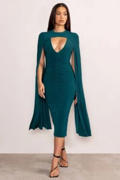 Myla | Bottle Green V-Neck Ruched Midi Dress With Cape Overlay