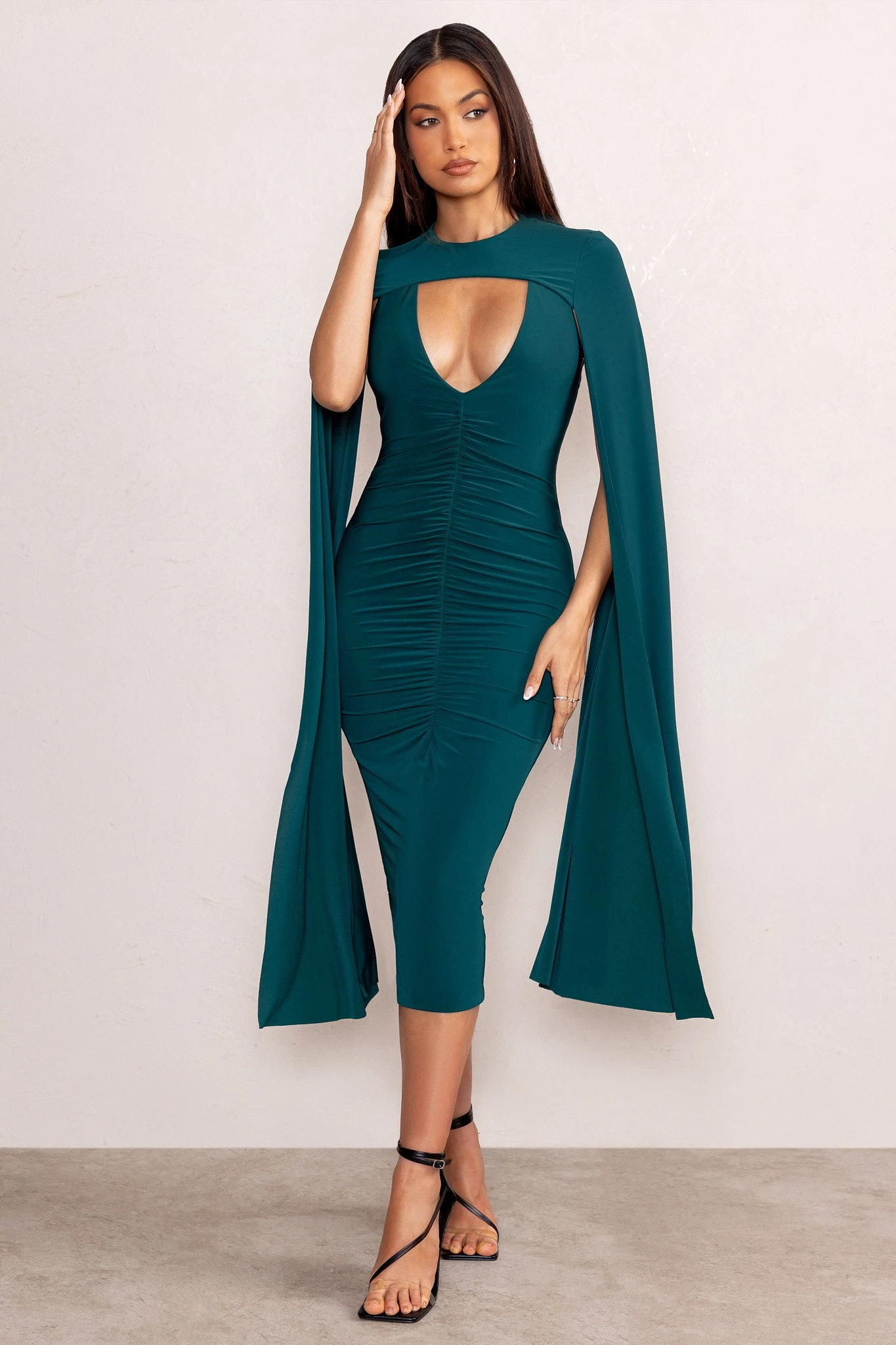 Myla | Bottle Green V-Neck Ruched Midi Dress With Cape Overlay 7 Myla | Bottle Green V-Neck Ruched Midi Dress With Cape Overlay - Image 5
