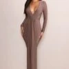 Kyle | Mocha Long Sleeve Plunge Maxi Dress -ENY Clothing Shop WB CL129263 KyleMochaLongSleevePlungeMaxiDress0